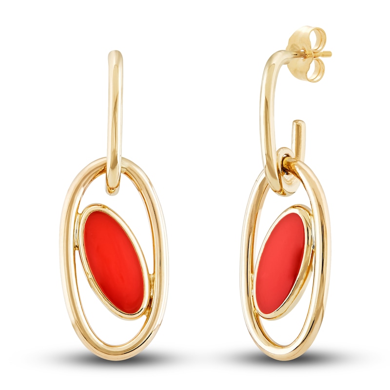 Main Image 2 of Italia D'Oro Oval Drop Earrings Red Enamel 14K Yellow Gold