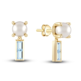Juliette Maison Natural Aquamarine Baguette and Freshwater Cultured Pearl Earrings 10K Yellow Gold