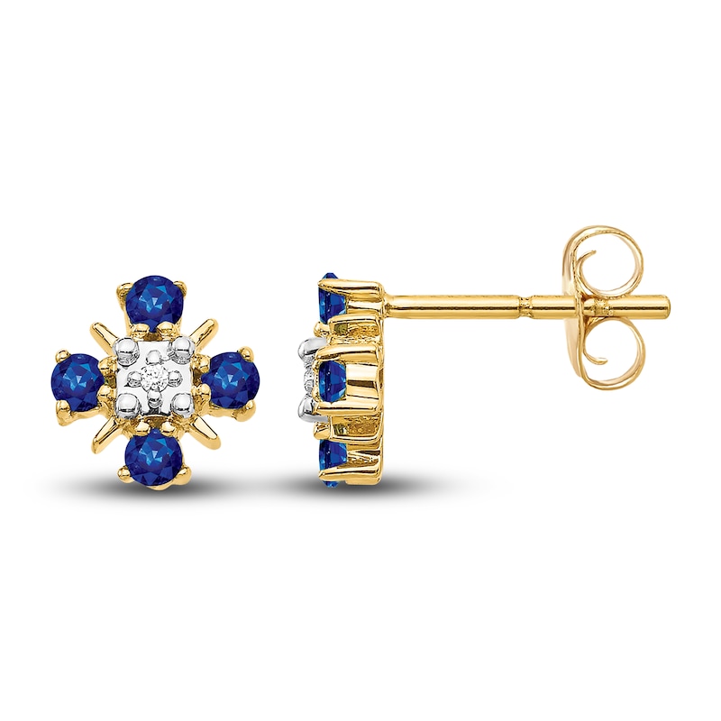 Natural Blue Sapphire Stud Earrings Diamond Accents 14K Yellow Gold