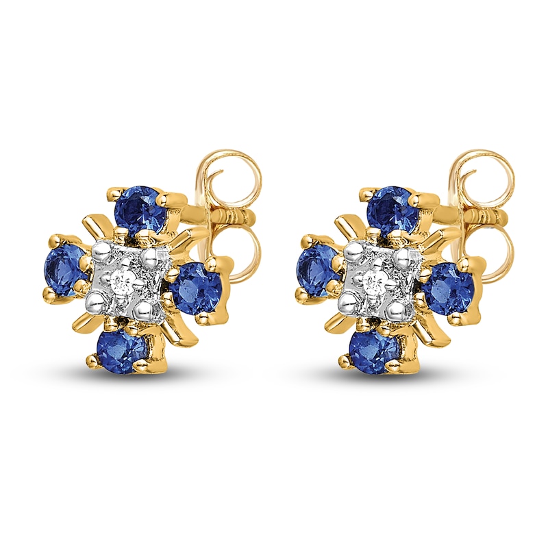 Natural Blue Sapphire Stud Earrings Diamond Accents 14K Yellow Gold