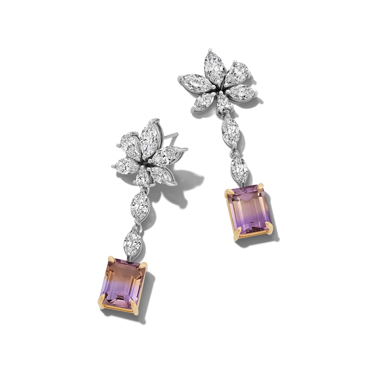 Main Image 1 of Rectangle-Cut Natural Ametrine & Diamond Earrings 5-3/8 ct tw 18K White Gold