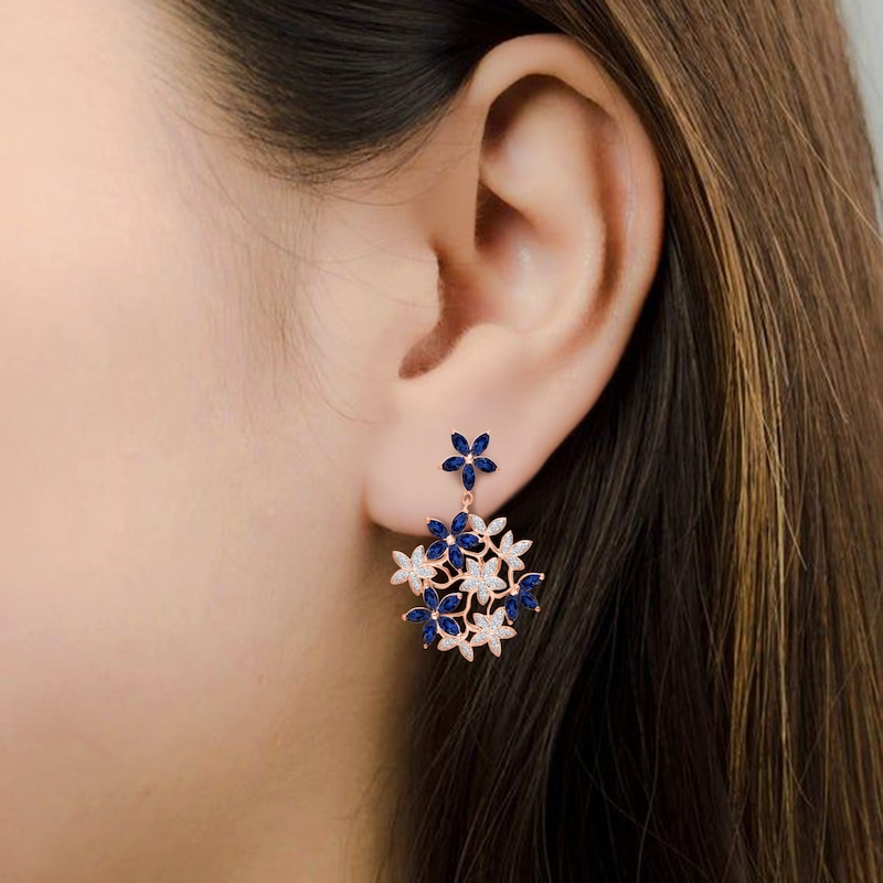 Main Image 3 of Kallati Natural Blue Sapphire & Diamond Flower Dangle Earrings 1/2 ct tw 18K Rose Gold