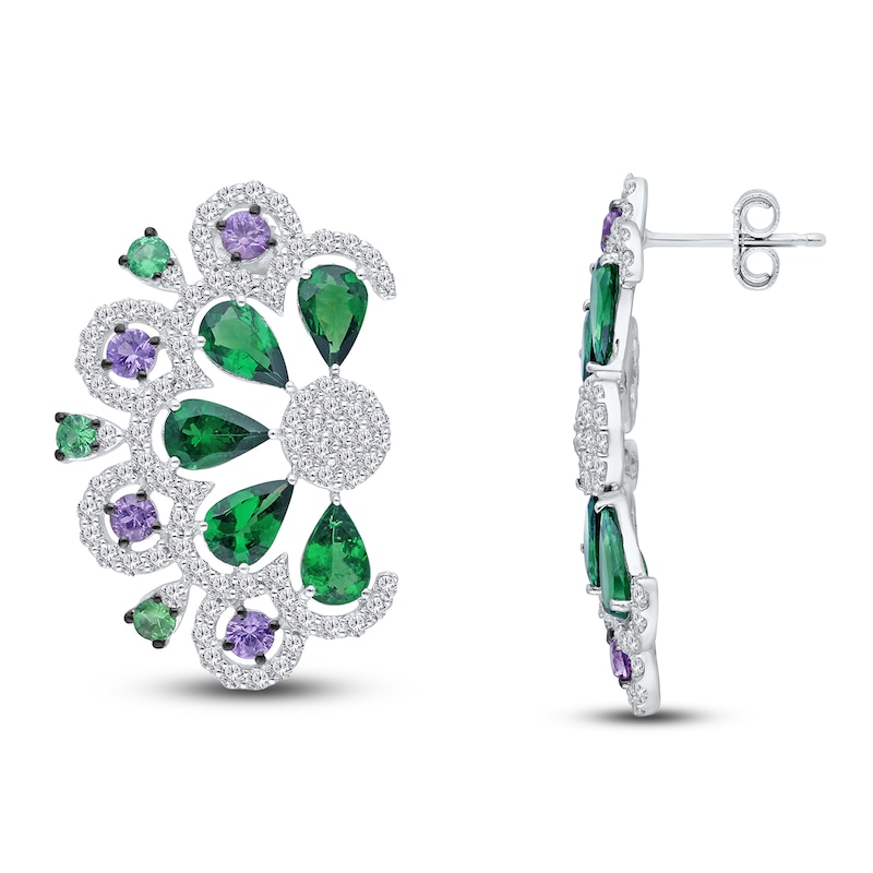 Main Image 3 of Kallati Natural Tsavorite Garnet, Natural Green & Purple Sapphire Earrings 1-1/2 ct tw Diamonds 14K White Gold