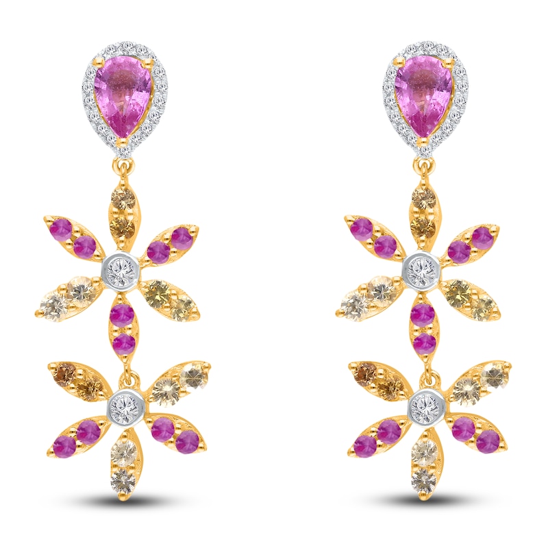 Kallati Natural Pink, Purple, Yellow & Orange Sapphire Flower Drop Earrings 1/3 ct tw Diamonds 14K Yellow Gold