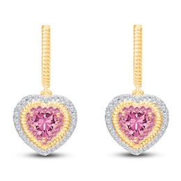 Kallati Heart-Shaped Natural Pink Sapphire & Diamond Hoop Dangle Earrings 1/3 ct tw 14K Yellow Gold