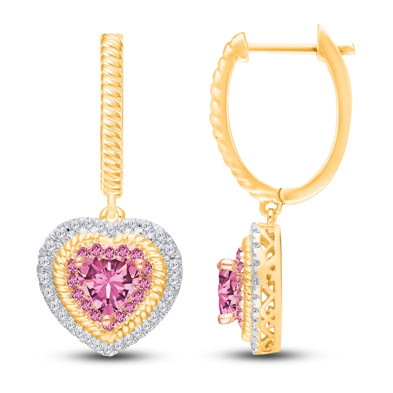 Main Image 2 of Kallati Heart-Shaped Natural Pink Sapphire & Diamond Hoop Dangle Earrings 1/3 ct tw 14K Yellow Gold