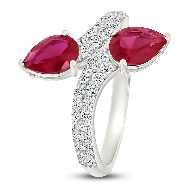 Main Image 2 of Pear-Shaped Lab-Created Ruby & White Lab-Created Sapphire Bypass Ring Sterling Silver