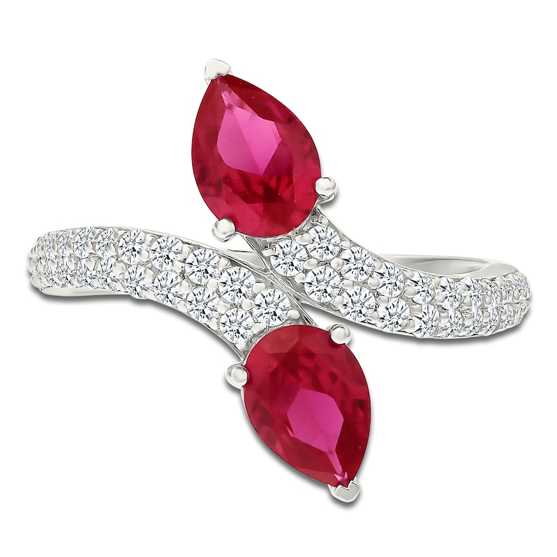 Main Image 3 of Pear-Shaped Lab-Created Ruby & White Lab-Created Sapphire Bypass Ring Sterling Silver