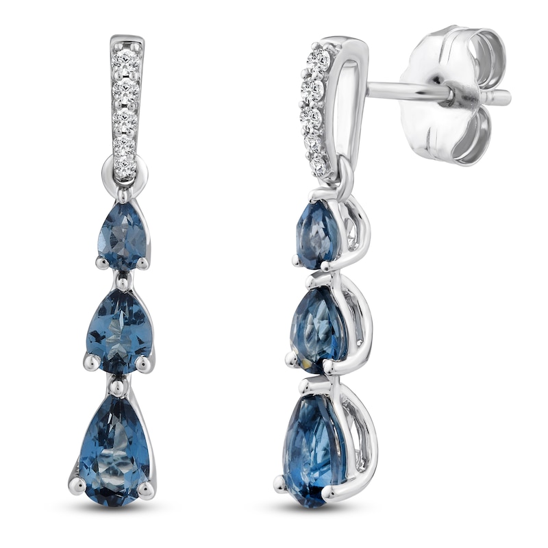 Pear-Shaped Natural London Blue Topaz & Diamond Graduated Drop Earrings 1/20 ct tw 10K White Gold