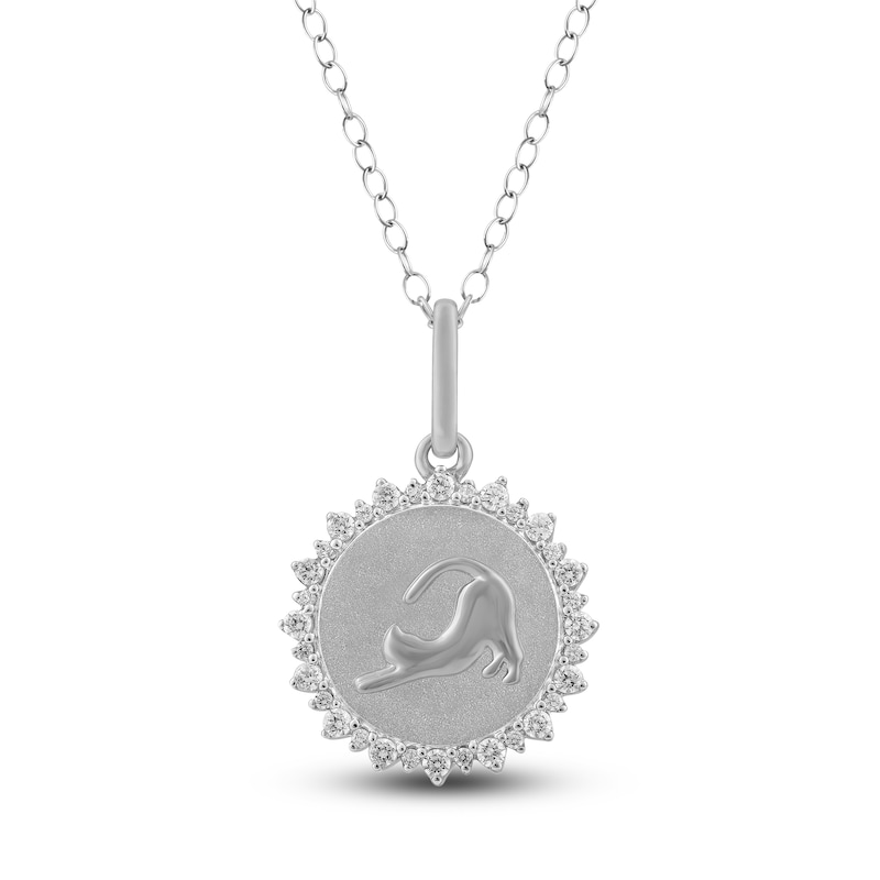 Main Image 1 of Diamond Stretching Cat Medallion Necklace 1/4 ct tw Sterling Silver 18&quot;