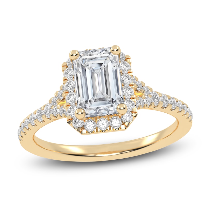 Main Image 1 of Emerald-Cut Lab-Created Diamond Halo Engagement Ring 1-1/8 ct tw 14K Yellow Gold