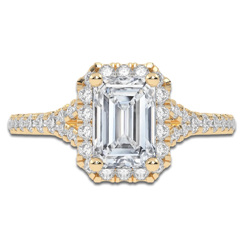 Main Image 3 of Emerald-Cut Lab-Created Diamond Halo Engagement Ring 1-1/8 ct tw 14K Yellow Gold