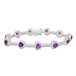 Heart-Shaped Natural Amethyst & White Lab-Created Sapphire Station Bracelet Sterling Silver 7.25&quot;