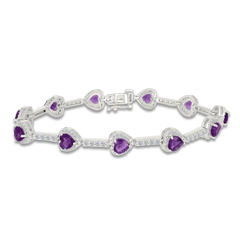 Heart-Shaped Natural Amethyst & White Lab-Created Sapphire Station Bracelet Sterling Silver 7.25"