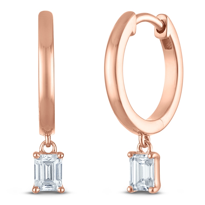 Main Image 2 of Emerald-Cut Lab-Created Diamond Solitaire Dangle Hoop Earrings 1/2 ct tw 14K Rose Gold (SI2/F)