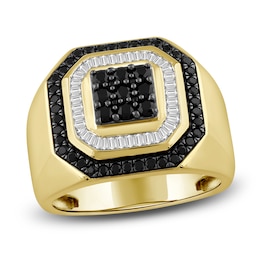 Men's Black & White Multi-Diamond Center Ring 1 ct tw 10K Yellow Gold