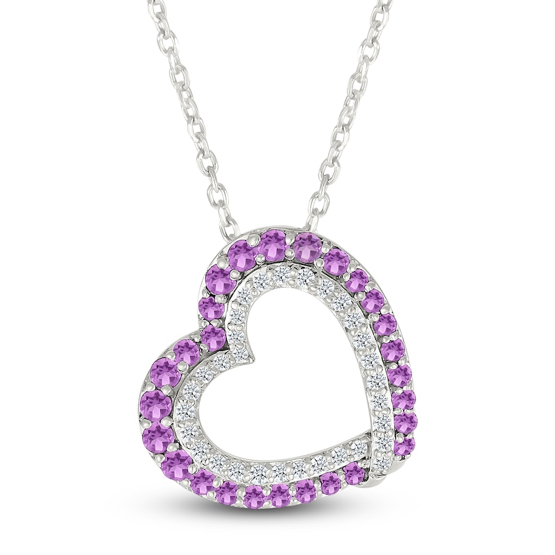 Natural Amethyst & White Lab-Created Sapphire Tilted Heart Necklace Sterling Silver 18"