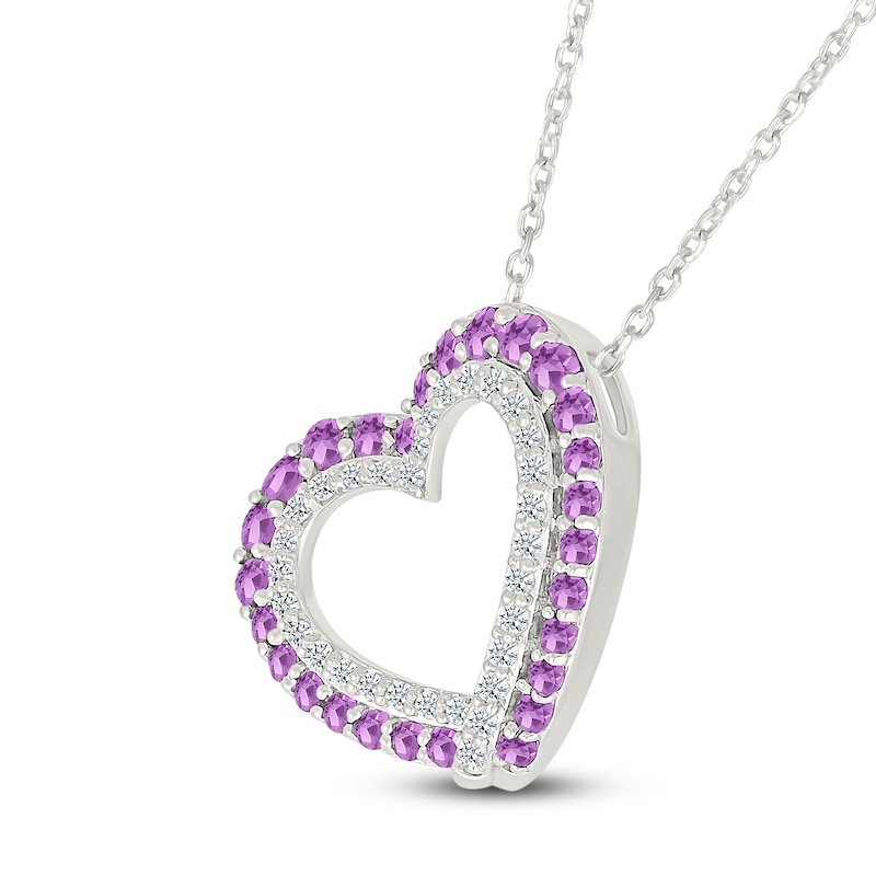 Natural Amethyst & White Lab-Created Sapphire Tilted Heart Necklace Sterling Silver 18"