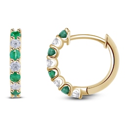 Natural Emerald & Diamond Hoop Earrings 1/6 ct tw 14K Yellow Gold