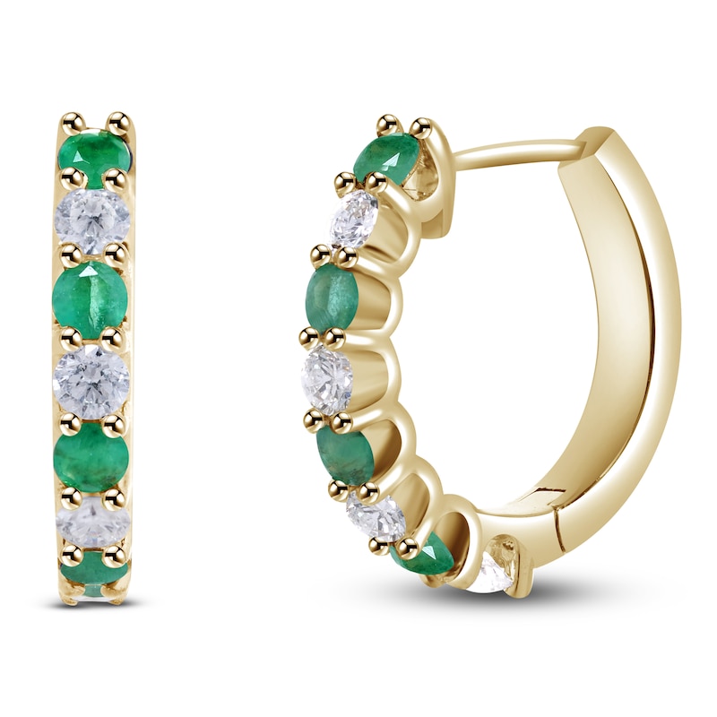 Main Image 2 of Natural Emerald & Diamond Hoop Earrings 1/6 ct tw 14K Yellow Gold