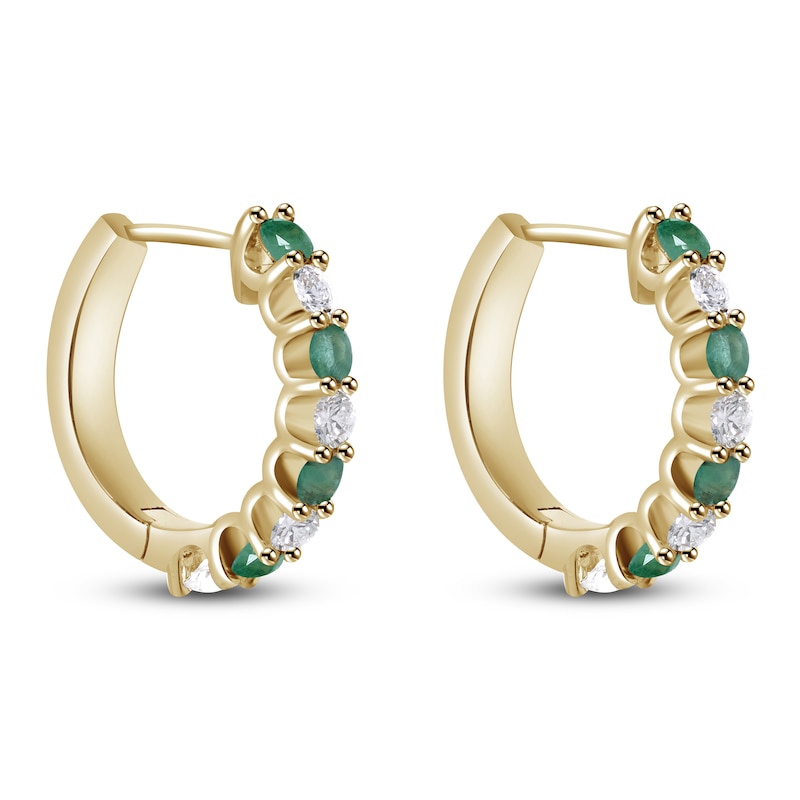 Main Image 3 of Natural Emerald & Diamond Hoop Earrings 1/6 ct tw 14K Yellow Gold