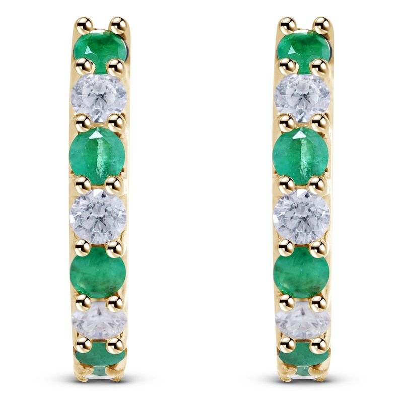 Main Image 4 of Natural Emerald & Diamond Hoop Earrings 1/6 ct tw 14K Yellow Gold