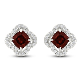 Cushion-Cut Natural Garnet & Diamond Halo Stud Earrings 1/5 ct tw 10K White Gold