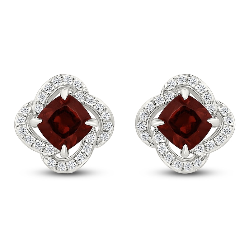 Main Image 1 of Cushion-Cut Natural Garnet & Diamond Halo Stud Earrings 1/5 ct tw 10K White Gold