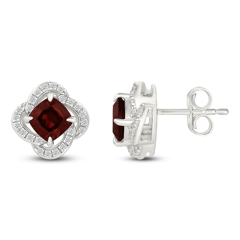 Main Image 3 of Cushion-Cut Natural Garnet & Diamond Halo Stud Earrings 1/5 ct tw 10K White Gold