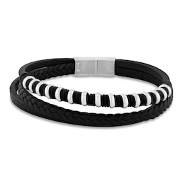 Faux Leather Rubber Bracelet Stainless Steel 8.5&quot;