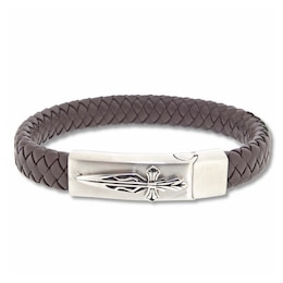 Men's Woven Bracelet Brown Leather Stainless Steel 8.5&quot;