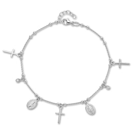 Cross & Mary Anklet CZ Sterling Silver 9&quot;