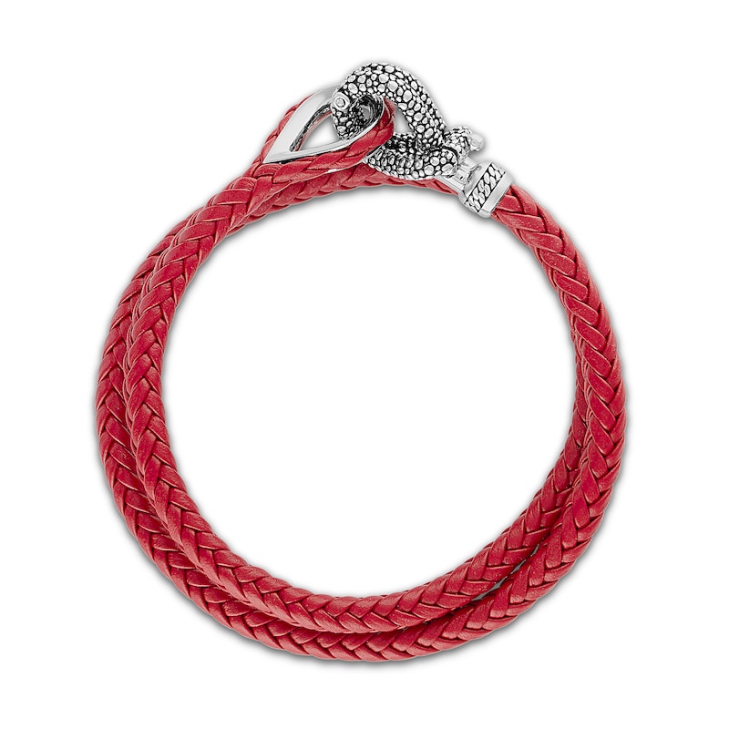 Main Image 2 of 1933 by Esquire Men's Double Row Bracelet Red Leather Sterling Silver 17&quot;