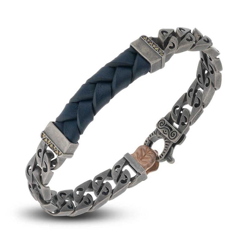 Marco Dal Maso Men's Flaming Tongue Leather Link Bracelet Natural Sapphire Sterling Silver 8