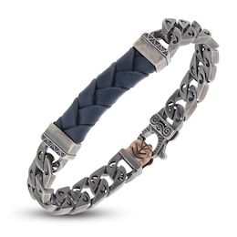 Marco Dal Maso Men's Flaming Tongue Blue Leather Link Bracelet Natural Blue Sapphire Sterling Silver 8&quot;