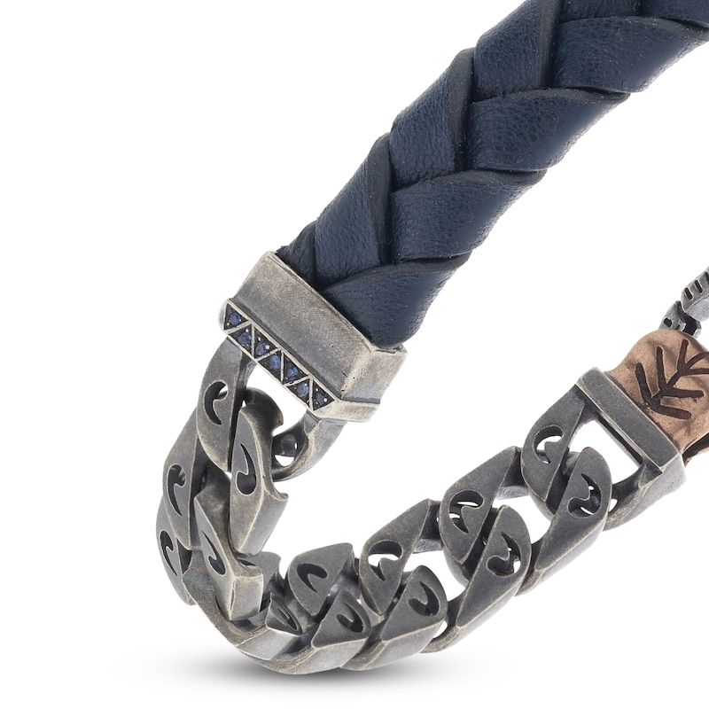 Main Image 2 of Marco Dal Maso Men's Flaming Tongue Blue Leather Link Bracelet Natural Blue Sapphire Sterling Silver 8&quot;