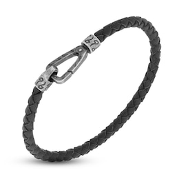 Marco Dal Maso Men's Woven Black Leather Bracelet Sterling Silver 8&quot;