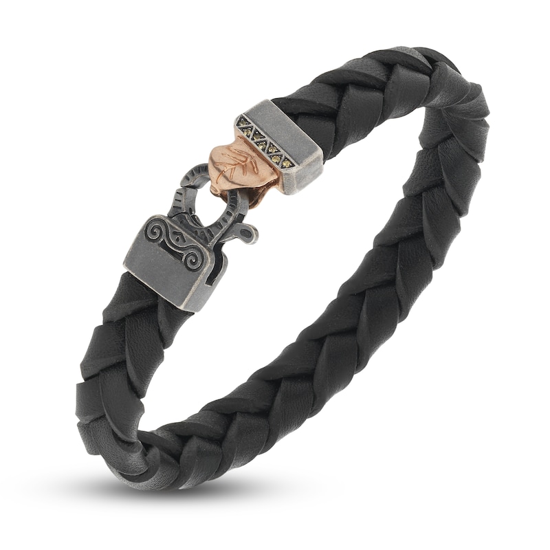 Marco Dal Maso Engraved Woven Black Leather Natural Yellow Sapphire Bracelet Sterling Silver/18K Rose Gold-Plated 8"