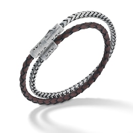 Marco Dal Maso Men's Double Wrap Mixed Chain & Woven Brown Leather Bracelet Sterling Silver 8&quot;