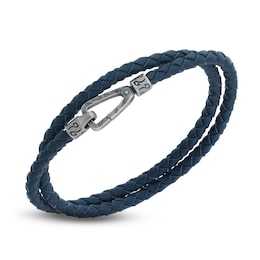 Marco Dal Maso Men's Woven Blue Leather Double Wrap Bracelet Sterling Silver 16&quot;