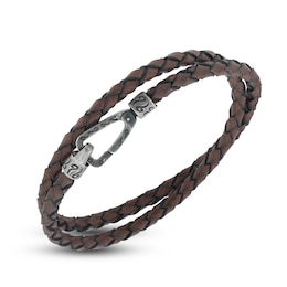 Marco Dal Maso Men's Woven Brown Leather Double Wrap Bracelet Sterling Silver 16&quot;