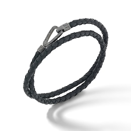 Marco Dal Maso Men's Woven Black Leather Double Wrap Bracelet Sterling Silver 16&quot;