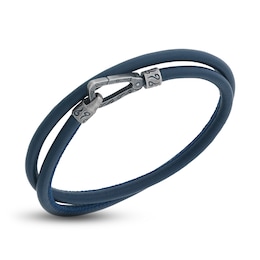 Marco Dal Maso Men's Smooth Blue Leather Double Wrap Bracelet Sterling Silver 16&quot;