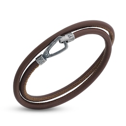 Marco Dal Maso Men's Smooth Brown Leather Double Wrap Bracelet Sterling Silver 16&quot;
