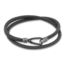 Marco Dal Maso Men's Smooth Black Leather Double Wrap Bracelet Sterling Silver 16&quot;