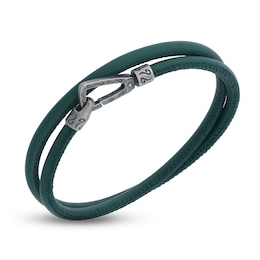 Marco Dal Maso Men's Smooth Green Leather Double Wrap Bracelet Sterling Silver 16&quot;