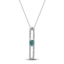 Rectangle-Cut Natural Emerald & Diamond Pendant Necklace 1/4 ct tw Round 14K White Gold 18&quot;