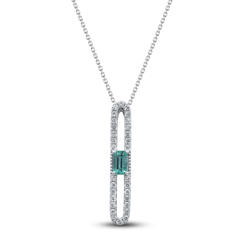 Main Image 1 of Rectangle-Cut Natural Emerald & Diamond Pendant Necklace 1/4 ct tw Round 14K White Gold 18&quot;