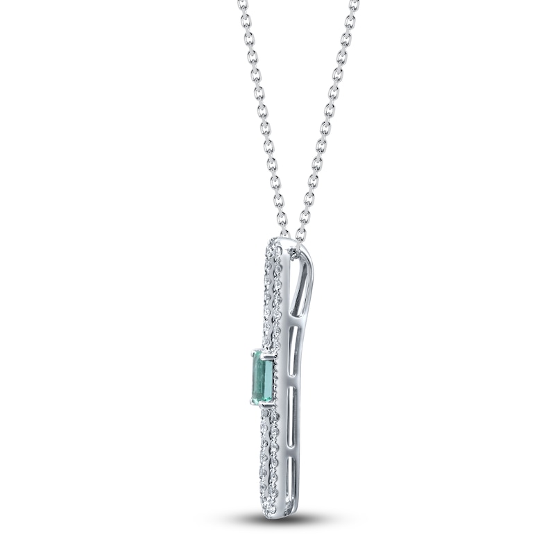 Main Image 2 of Rectangle-Cut Natural Emerald & Diamond Pendant Necklace 1/4 ct tw Round 14K White Gold 18&quot;