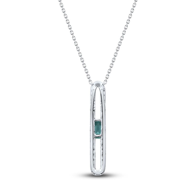 Main Image 3 of Rectangle-Cut Natural Emerald & Diamond Pendant Necklace 1/4 ct tw Round 14K White Gold 18&quot;